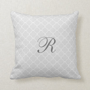 Grey Quatrefoil Pattern Monogram Pillow
