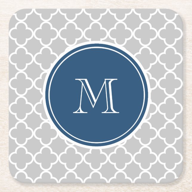 Grey Quatrefoil Pattern, Navy Blue Monogram Square Paper Coaster (Front)