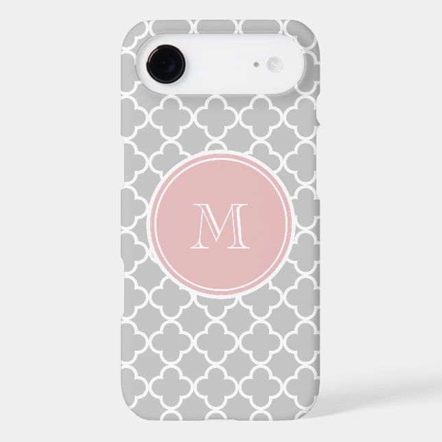 Grey Quatrefoil Pattern, Pink Monogram Case-Mate iPhone Case (Back)