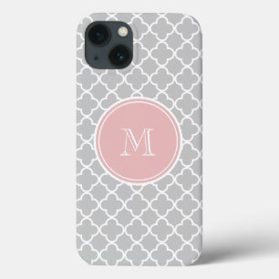 Grey Quatrefoil Pattern, Pink Monogram iPhone 13 Case