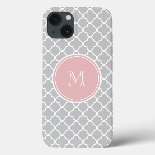 Grey Quatrefoil Pattern, Pink Monogram Case-Mate iPhone Case (Back)