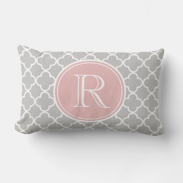 Grey Quatrefoil Pattern, Pink Monogram Lumbar Cushion (Front)