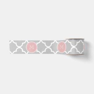 Grey Quatrefoil Pattern, Pink Monogram Satin Ribbon