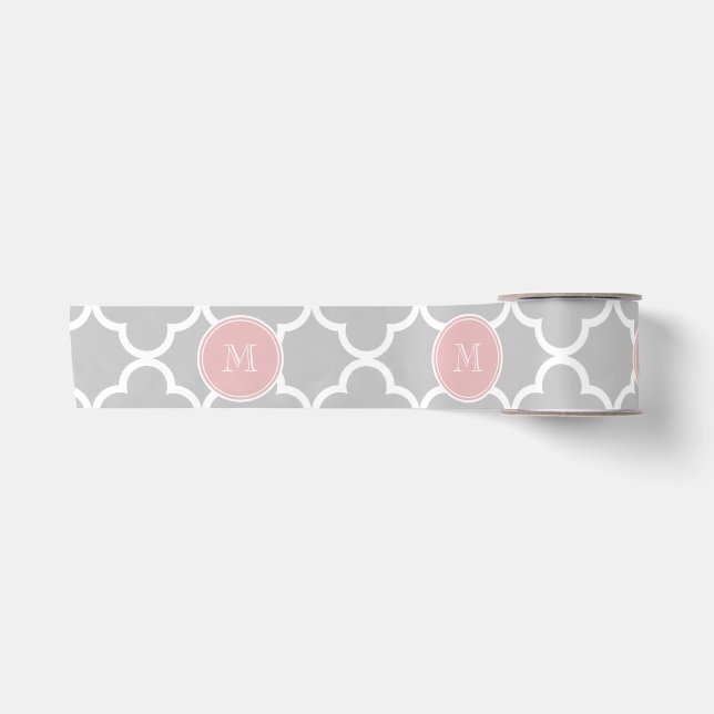 Grey Quatrefoil Pattern, Pink Monogram Satin Ribbon (Front)