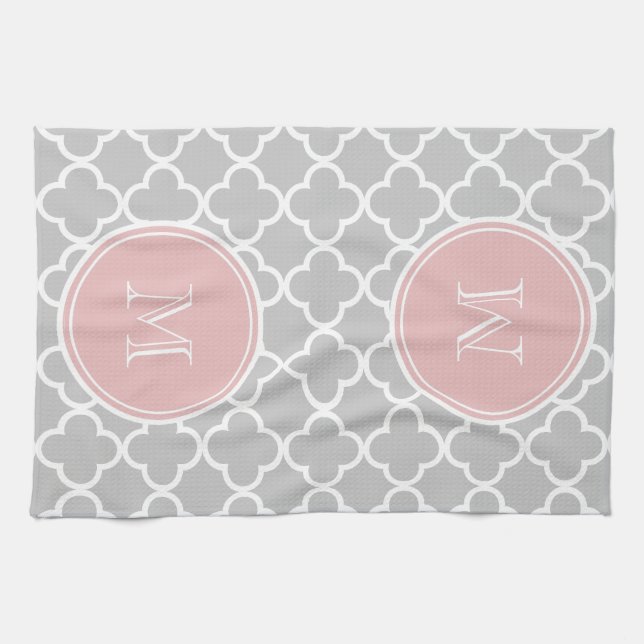 Grey Quatrefoil Pattern, Pink Monogram Tea Towel (Horizontal)