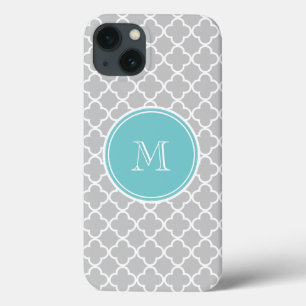 Grey Quatrefoil Pattern, Teal Monogram iPhone 13 Case