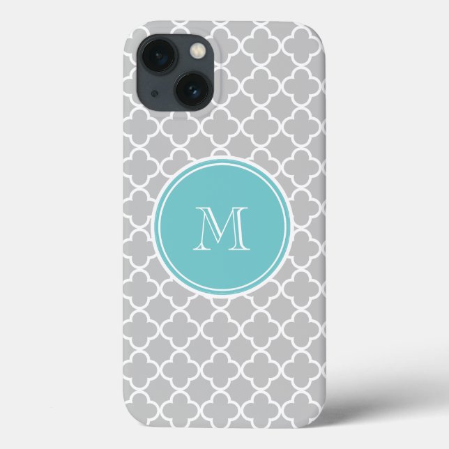 Grey Quatrefoil Pattern, Teal Monogram Case-Mate iPhone Case (Back)