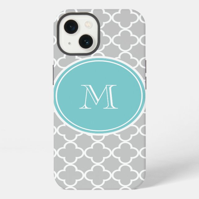 Grey Quatrefoil Pattern, Teal Monogram iPhone Case (Back)