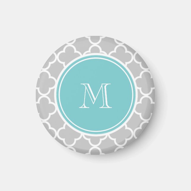 Grey Quatrefoil Pattern, Teal Monogram Magnet (Front)