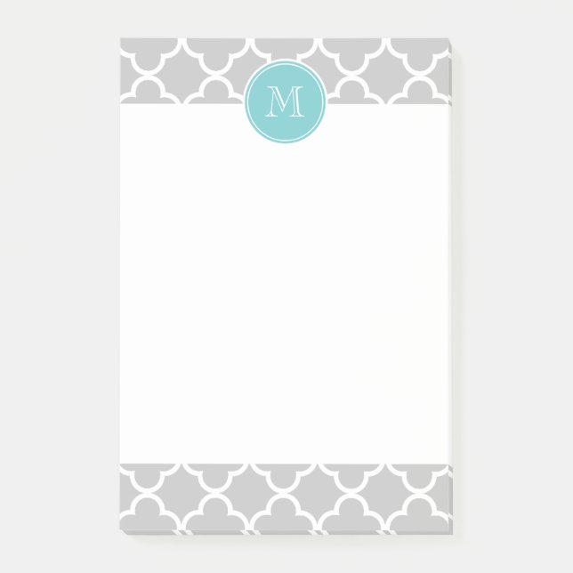 Grey Quatrefoil Pattern, Teal Monogram Post-it Notes (Front)