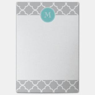 Grey Quatrefoil Pattern, Teal Monogram Post-it Notes