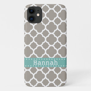 Grey Quatrefoil Pattern Turquoise Ribbon iPhone 11 Case
