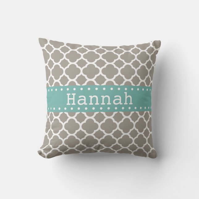 Grey Quatrefoil Pattern Turquoise Ribbon Cushion (Front)