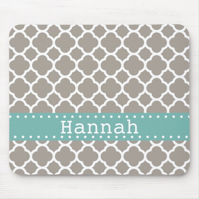 Grey Quatrefoil Pattern Turquoise Ribbon Mouse Pad (Front)