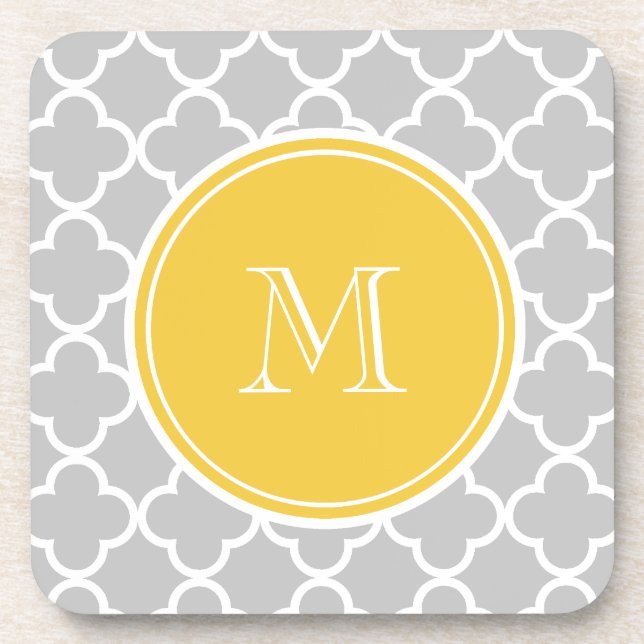 Grey Quatrefoil Pattern, Yellow Monogram Coaster (Front)