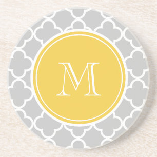 Grey Quatrefoil Pattern, Yellow Monogram Coaster