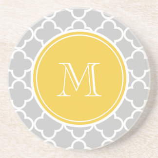 Grey Quatrefoil Pattern, Yellow Monogram Coaster