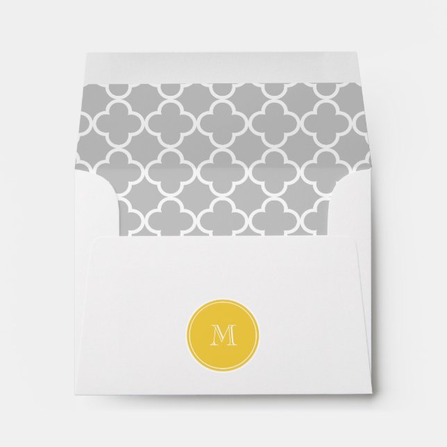Grey Quatrefoil Pattern, Yellow Monogram Envelopes (Back (Bottom))