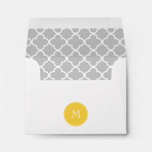 Grey Quatrefoil Pattern, Yellow Monogram Envelopes