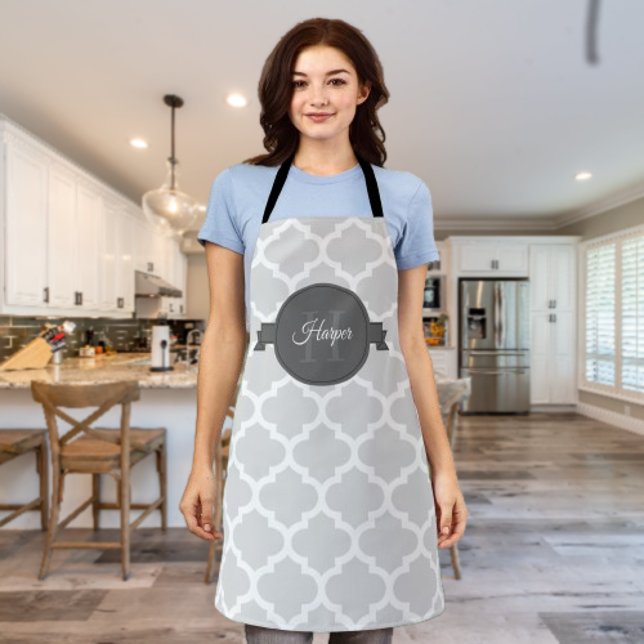 Grey Quatrefoil Personalised Apron (Gray Quatrefoil Personalized Apron)