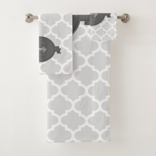 Grey Quatrefoil Personalised Bath Towel Set