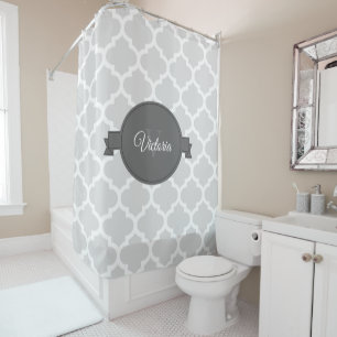 Grey Quatrefoil Personalised Shower Curtain