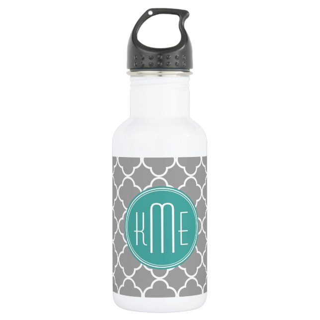 Grey Quatrefoil with Custom Mint Monogram 532 Ml Water Bottle (Front)