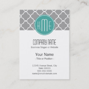 Grey Quatrefoil with Custom Mint Monogram Business Card