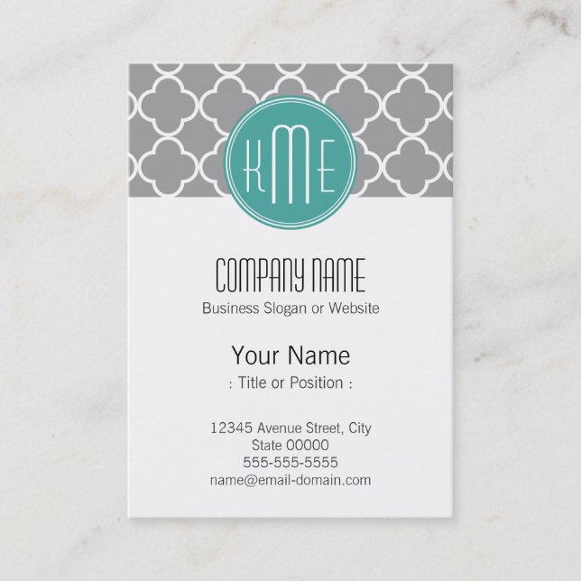 Grey Quatrefoil with Custom Mint Monogram Business Card (Front)