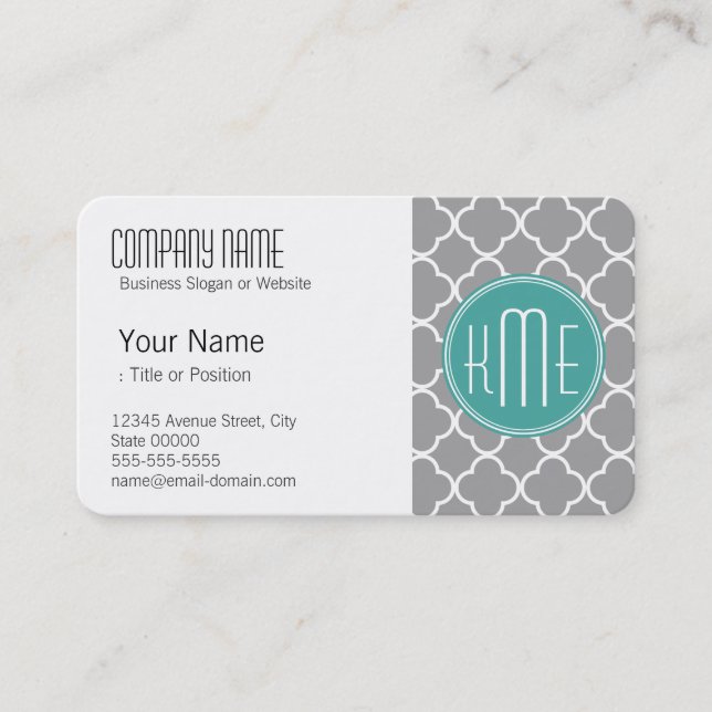 Grey Quatrefoil with Custom Mint Monogram Business Card (Front)