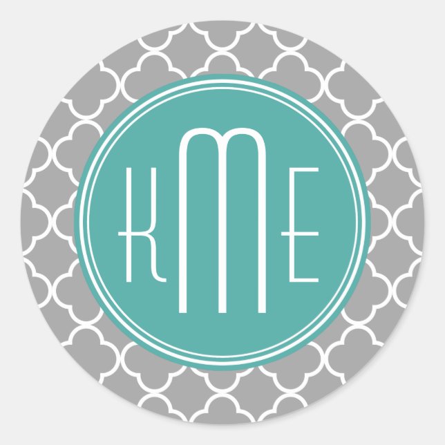 Grey Quatrefoil with Custom Mint Monogram Classic Round Sticker (Front)