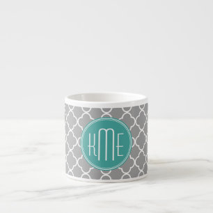 Grey Quatrefoil with Custom Mint Monogram Espresso Cup