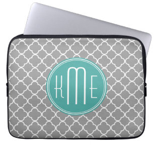 Grey Quatrefoil with Custom Mint Monogram Laptop Sleeve