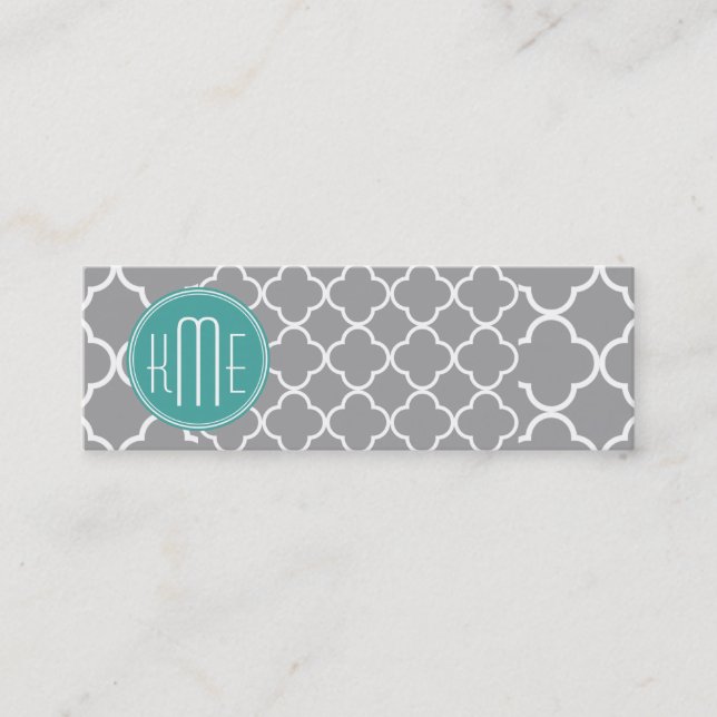 Grey Quatrefoil with Custom Mint Monogram Mini Business Card (Front)