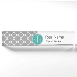 Grey Quatrefoil with Custom Mint Monogram Nameplate
