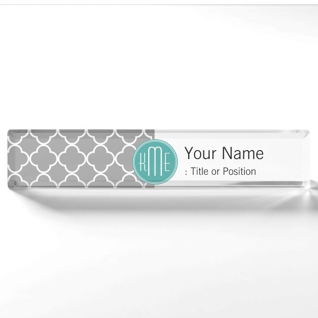 Grey Quatrefoil with Custom Mint Monogram Nameplate (Front)