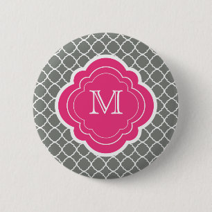 Grey Quatrefoil with Pink Monogram 6 Cm Round Badge