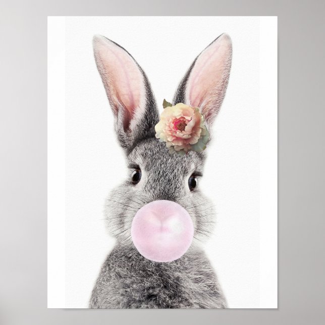 Grey rabbit blowing bubble gum anemone flower poster (Front)