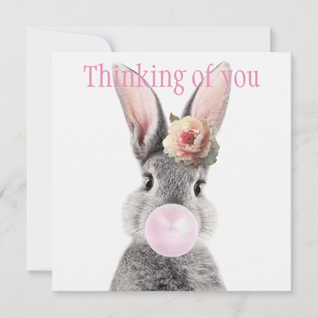 Grey rabbit blowing bubble gum with anemone flower (Front)