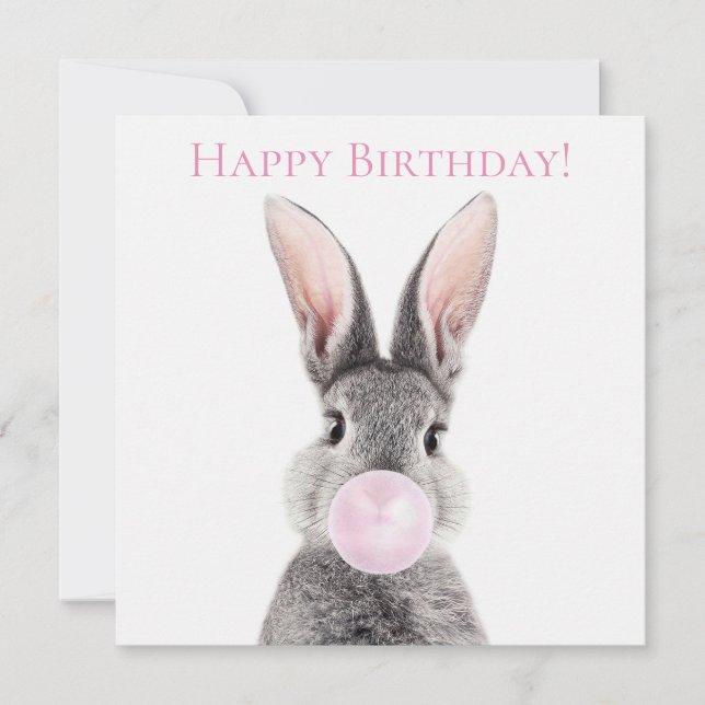Grey rabbit blowing pink bubble gum (Front)
