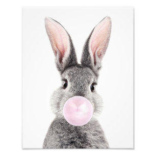 Grey rabbit blowing pink bubble gum photo print