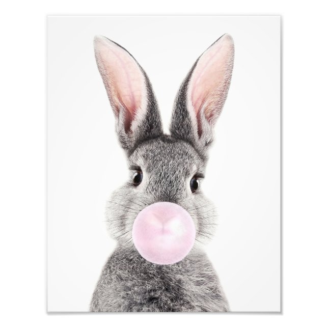 Grey rabbit blowing pink bubble gum photo print (Front)