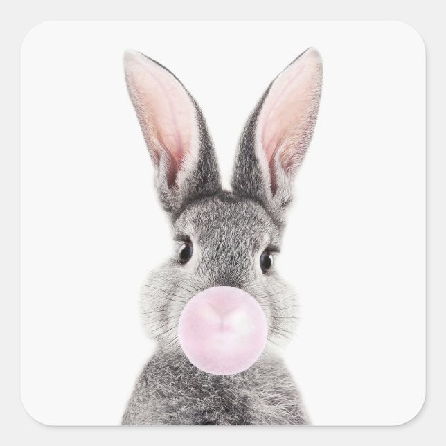Grey rabbit blowing pink bubble gum square sticker (Front)