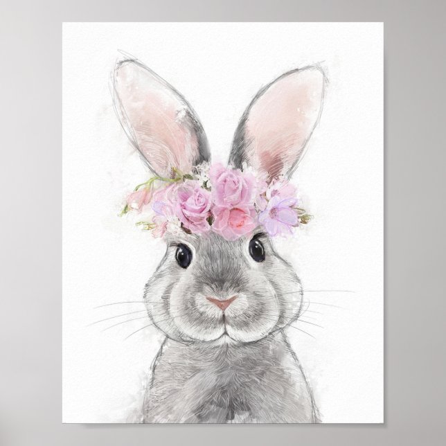Grey Rabbit with Flower Crown Portrait Poster (Front)
