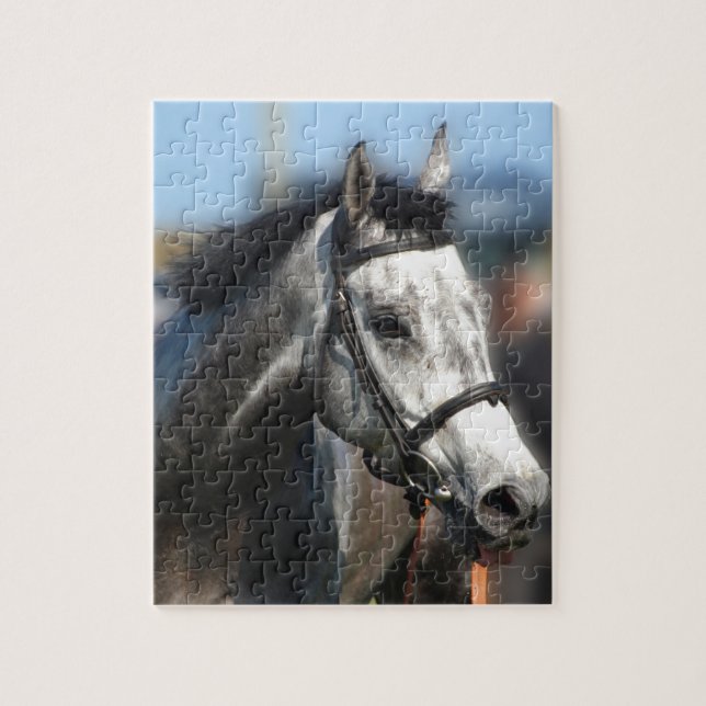 Grey Race Horse Racing Portrait , sports photo Jigsaw Puzzle (Vertical)