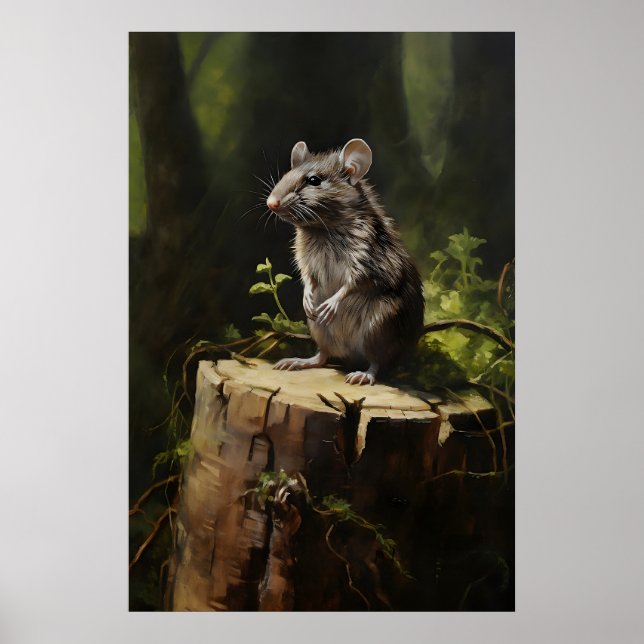 Grey Rat On Stump In Forest Wall Print, Dark Poster (Front)