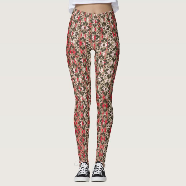 Grey, Red, and Black Patterned Flowers Leggings (Front)