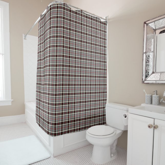 Grey, Red, and Black Plaid Clan Thompson Tartan Shower Curtain (In Situ)