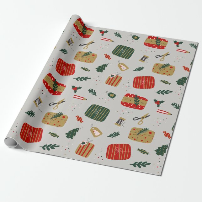 Grey Red and Golden Cute Illustrated Christmas Wrapping Paper (Unrolled)