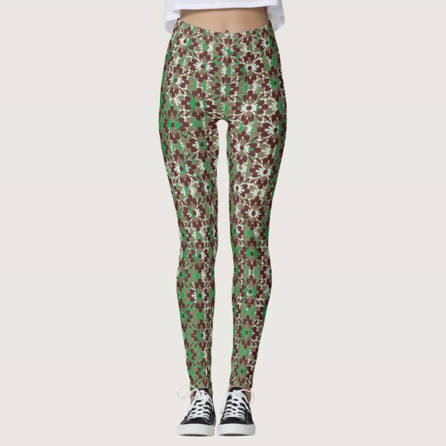 Grey, Red, and Green Patterned Flowers Leggings (Front)